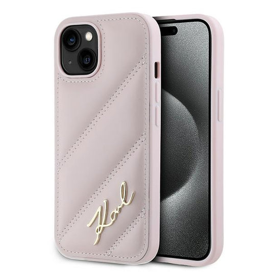 Калъф за Apple iPhone 15 Plus, Karl Lagerfeld, Diagonal Quilted Script, Розов