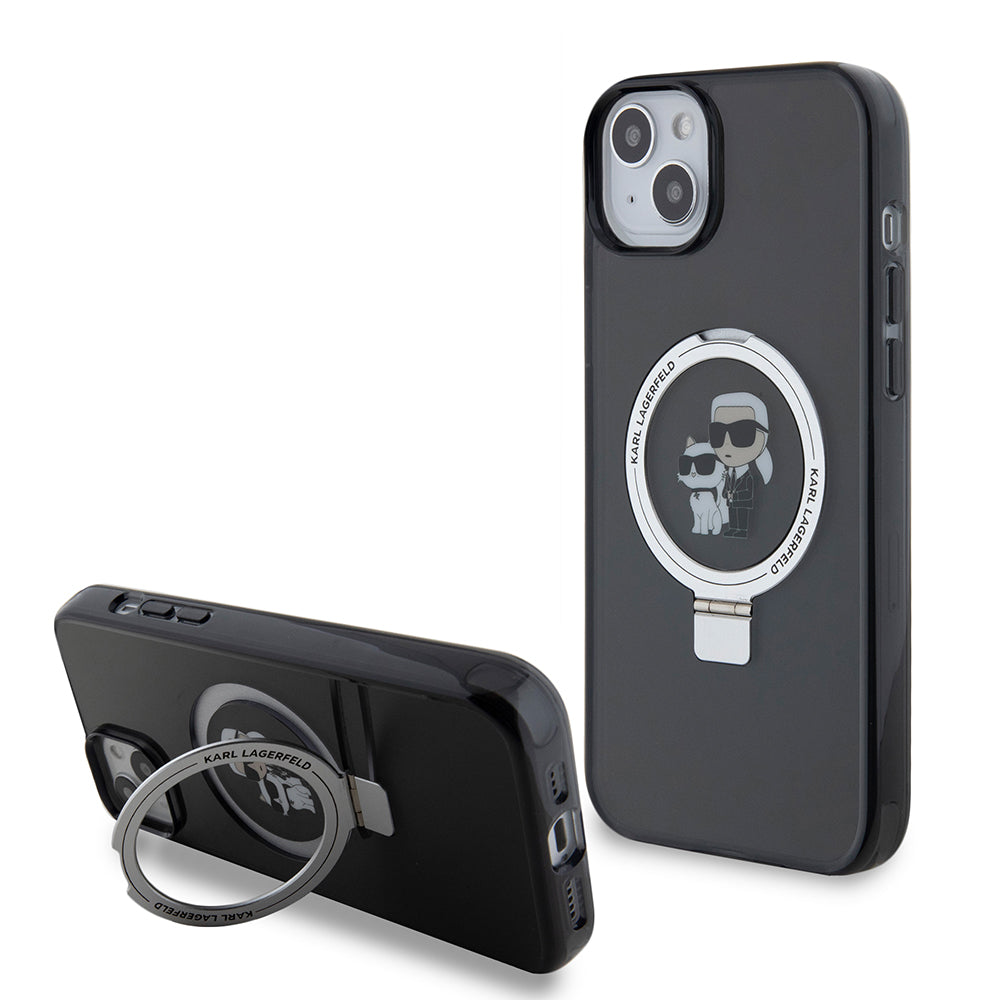 Калъф за Apple iPhone 15 Plus, Karl Lagerfeld, Ringstand Karl & Choupette, Черен