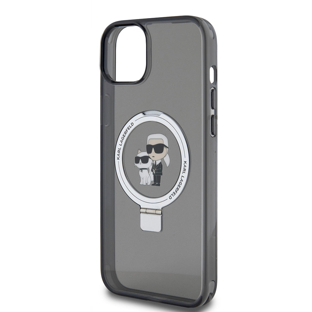 Калъф за Apple iPhone 15 Plus, Karl Lagerfeld, Ringstand Karl & Choupette, Черен