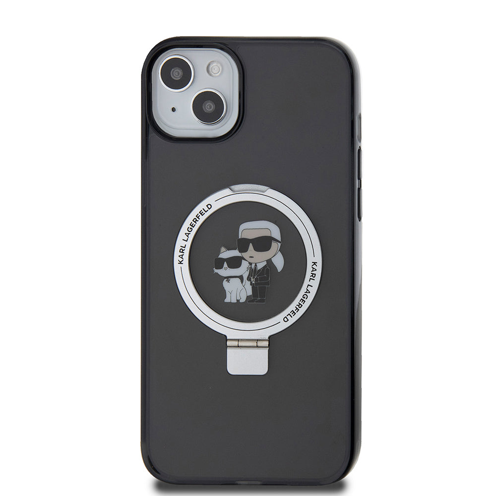 Калъф за Apple iPhone 15 Plus, Karl Lagerfeld, Ringstand Karl & Choupette, Черен