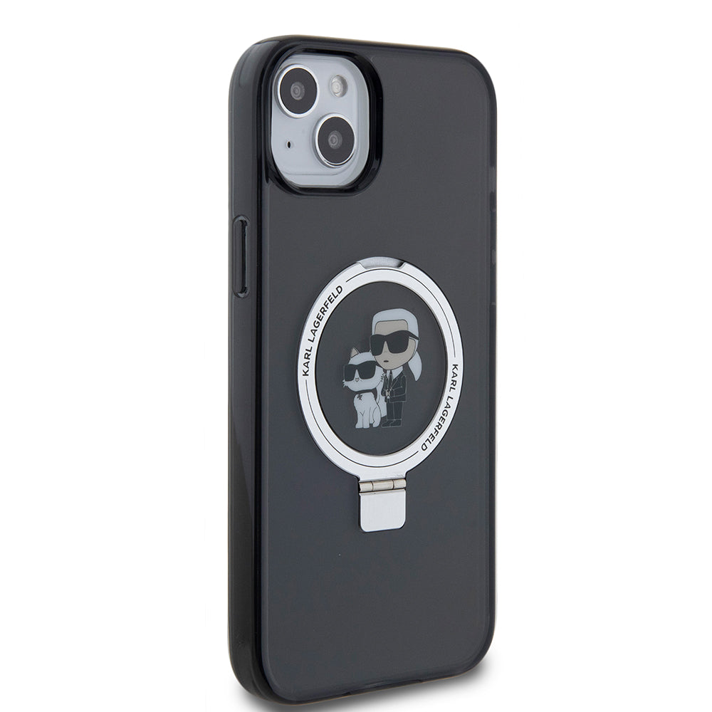 Калъф за Apple iPhone 15 Plus, Karl Lagerfeld, Ringstand Karl & Choupette, Черен