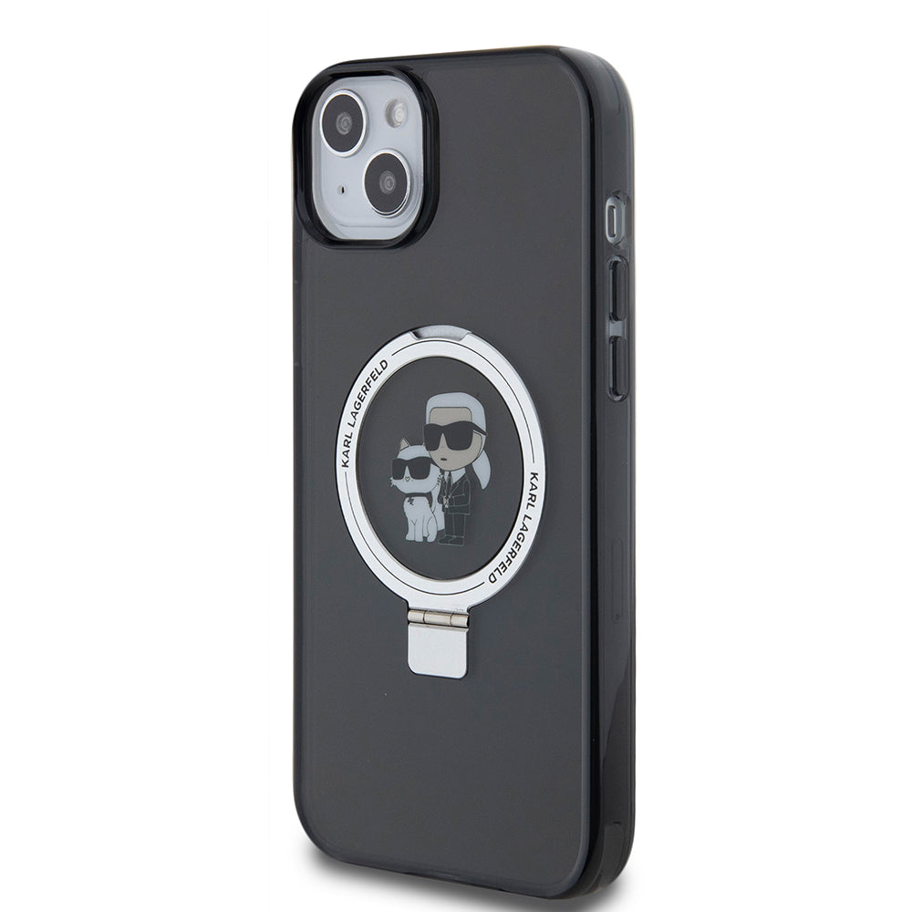 Калъф за Apple iPhone 15 Plus, Karl Lagerfeld, Ringstand Karl & Choupette, Черен