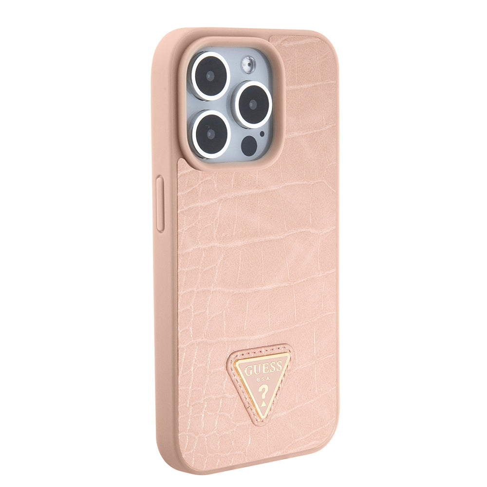 Калъф за Apple iPhone 15 Pro, Guess, Croco Triangle Metal Logo, Розов