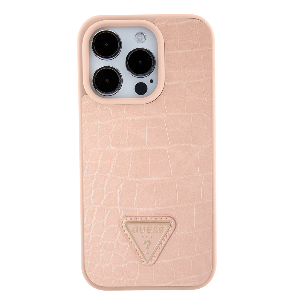 Калъф за Apple iPhone 15 Pro, Guess, Croco Triangle Metal Logo, Розов