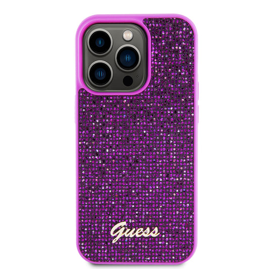 Калъф за Apple iPhone 15 Pro, Guess, Disco Metal Script, Фуксия
