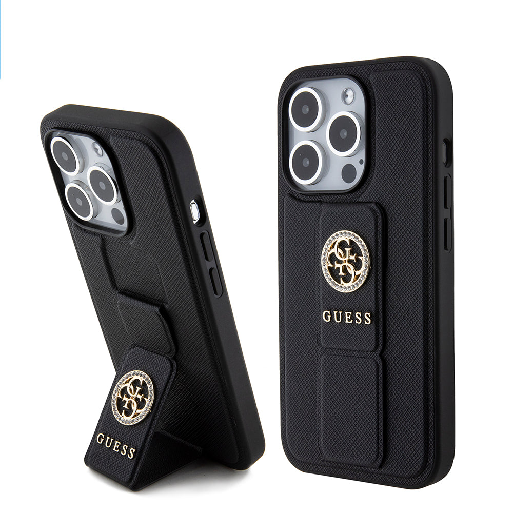 Калъф за Apple iPhone 15 Pro, Guess, Grip Stand 4G Saffiano Strass, Черен
