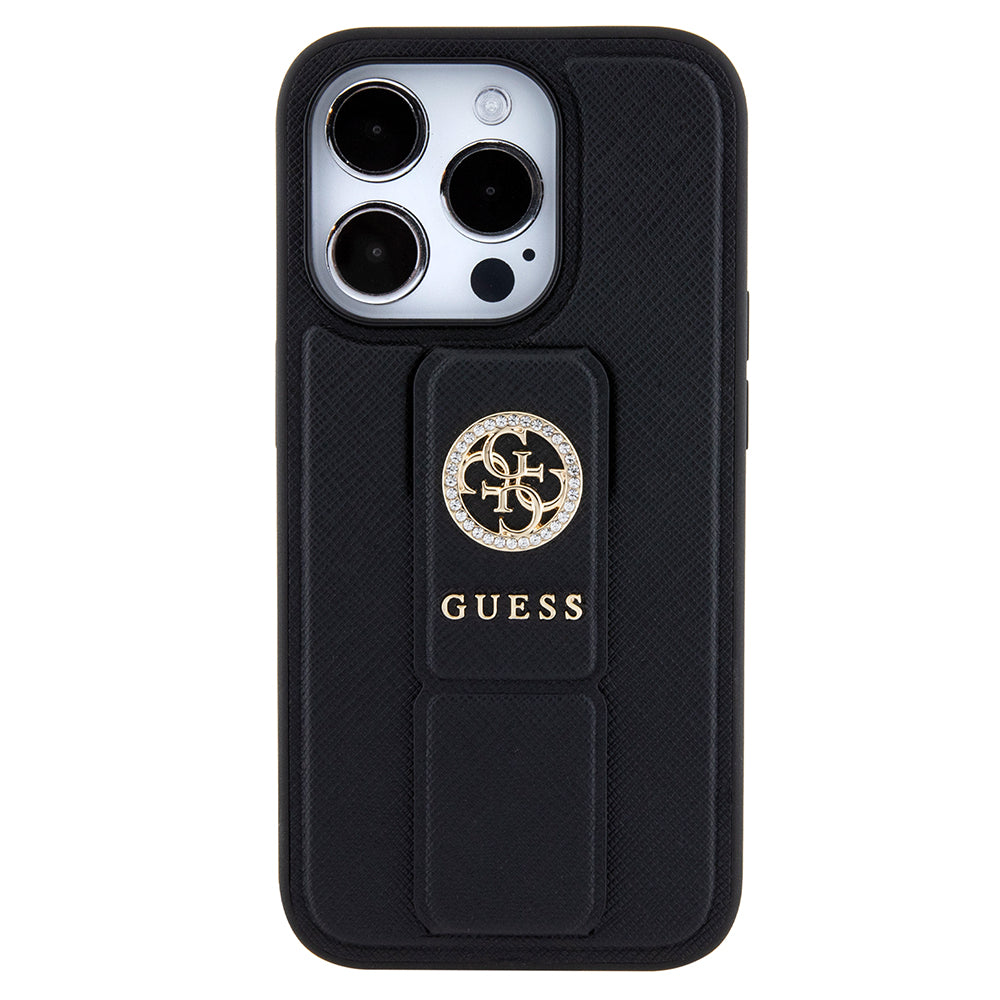 Калъф за Apple iPhone 15 Pro, Guess, Grip Stand 4G Saffiano Strass, Черен