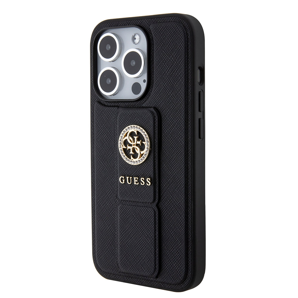 Калъф за Apple iPhone 15 Pro, Guess, Grip Stand 4G Saffiano Strass, Черен
