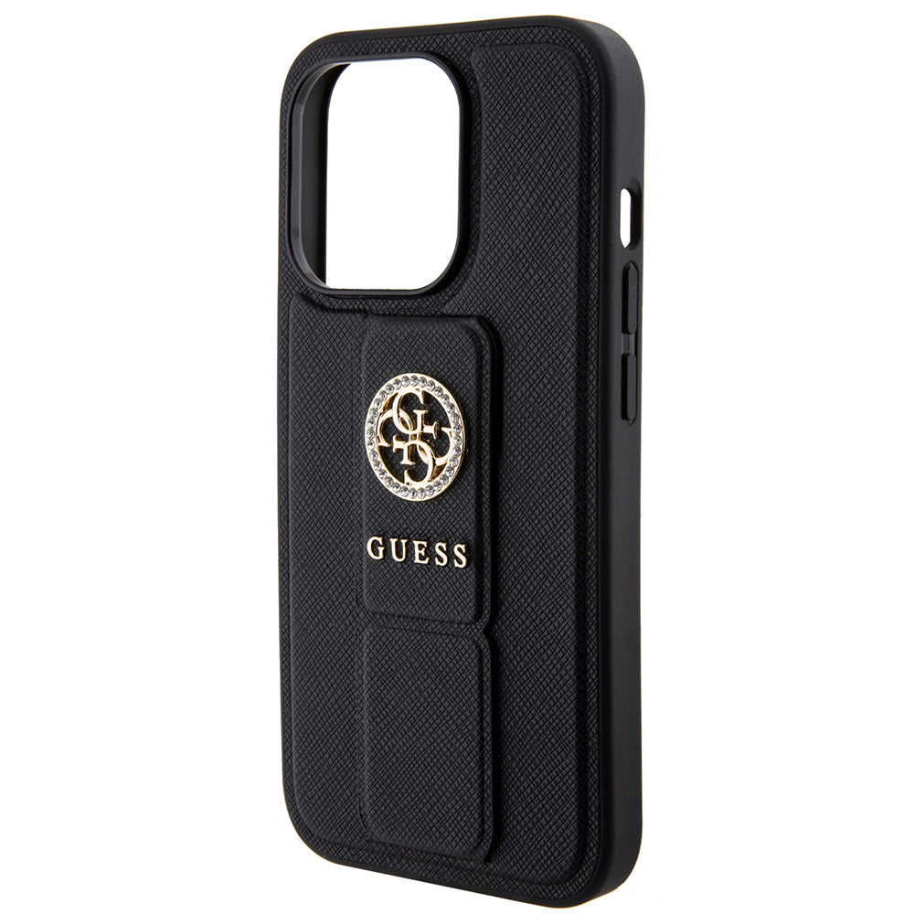 Калъф за Apple iPhone 15 Pro, Guess, Grip Stand 4G Saffiano Strass, Черен