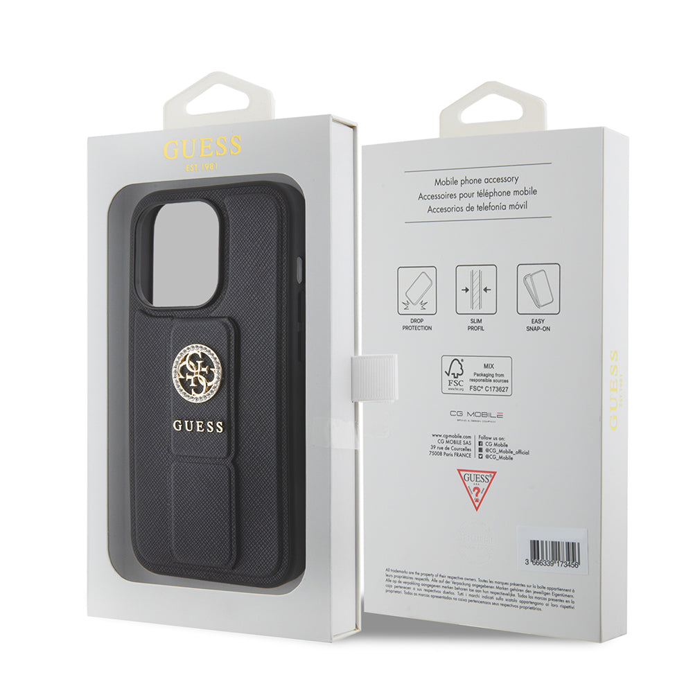 Калъф за Apple iPhone 15 Pro, Guess, Grip Stand 4G Saffiano Strass, Черен