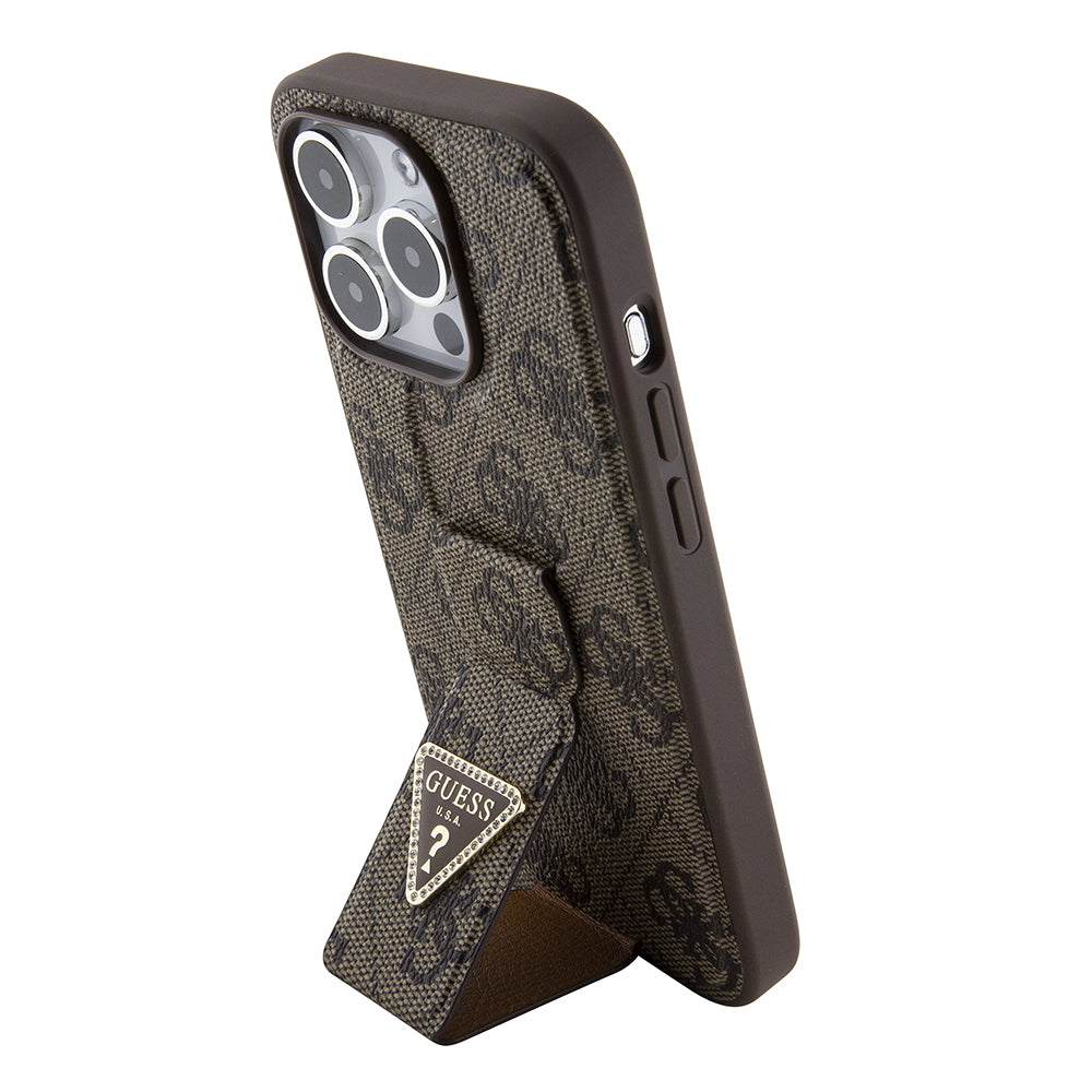 Калъф за Apple iPhone 15 Pro, Guess, Grip Stand 4G Triangle Strass, Кафяв