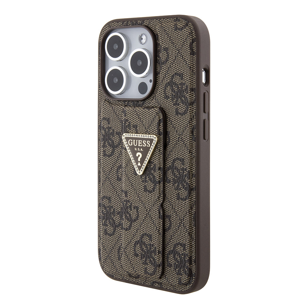 Калъф за Apple iPhone 15 Pro, Guess, Grip Stand 4G Triangle Strass, Кафяв
