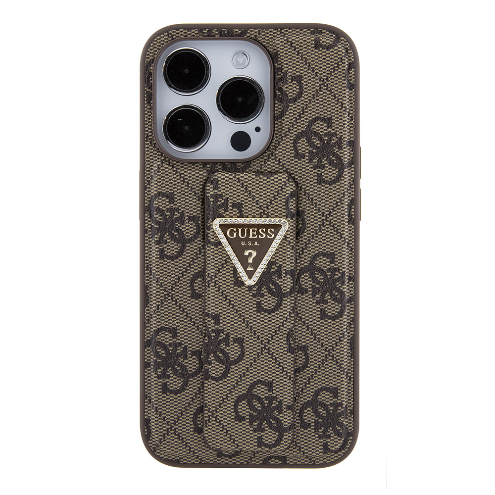 Калъф за Apple iPhone 15 Pro, Guess, Grip Stand 4G Triangle Strass, Кафяв