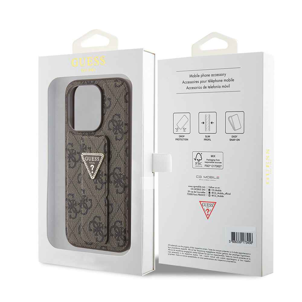 Калъф за Apple iPhone 15 Pro, Guess, Grip Stand 4G Triangle Strass, Кафяв