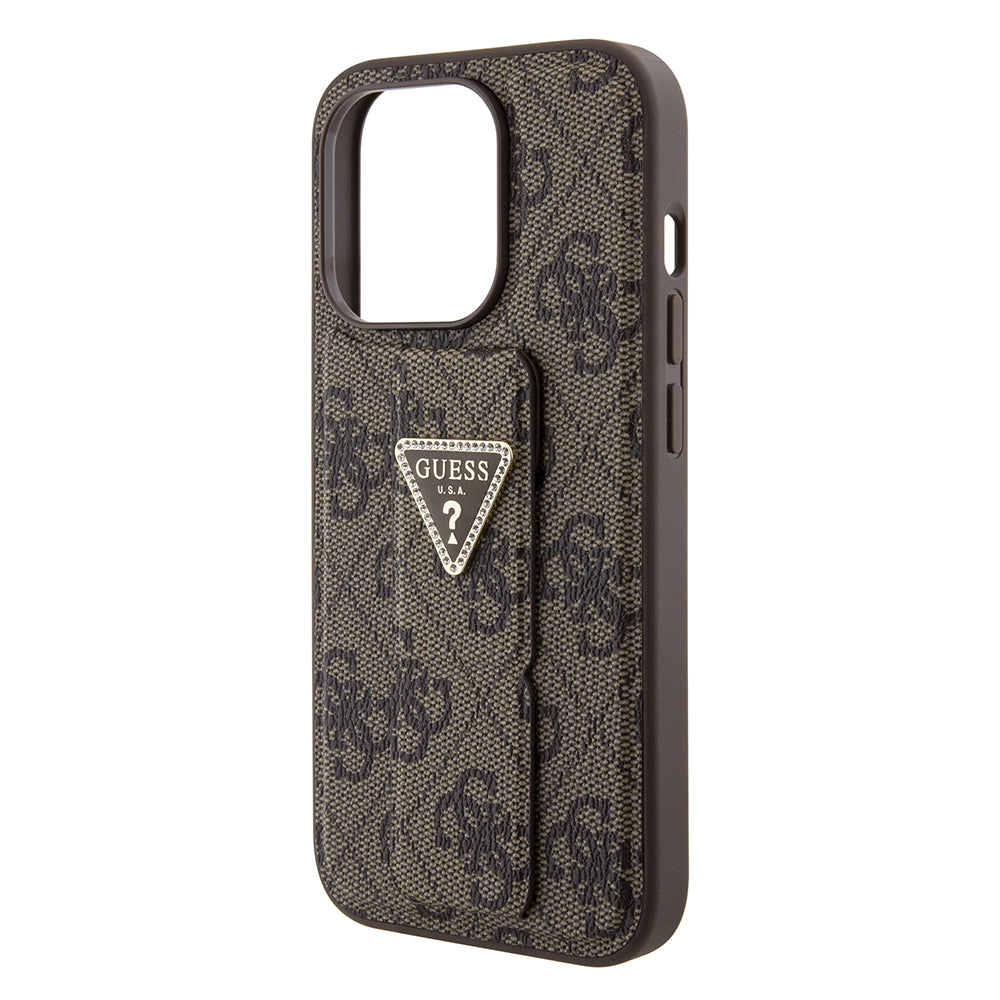 Калъф за Apple iPhone 15 Pro, Guess, Grip Stand 4G Triangle Strass, Кафяв
