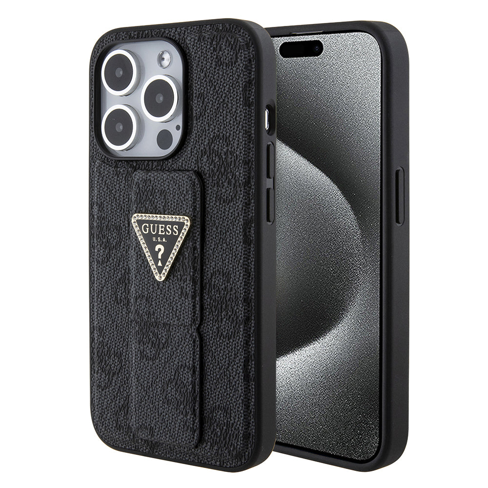 Калъф за Apple iPhone 15 Pro, Guess, Grip Stand 4G Triangle Strass, Черен