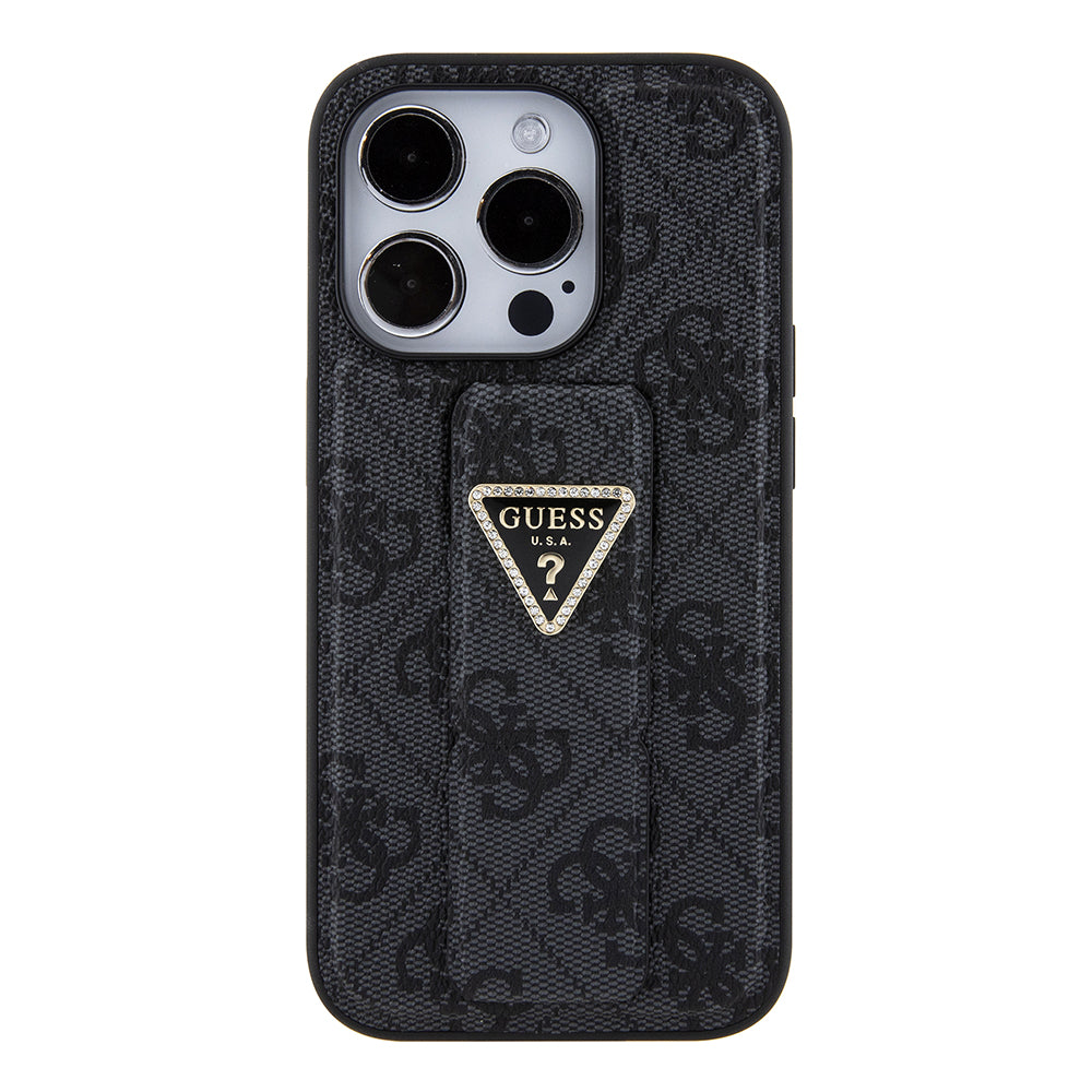 Калъф за Apple iPhone 15 Pro, Guess, Grip Stand 4G Triangle Strass, Черен