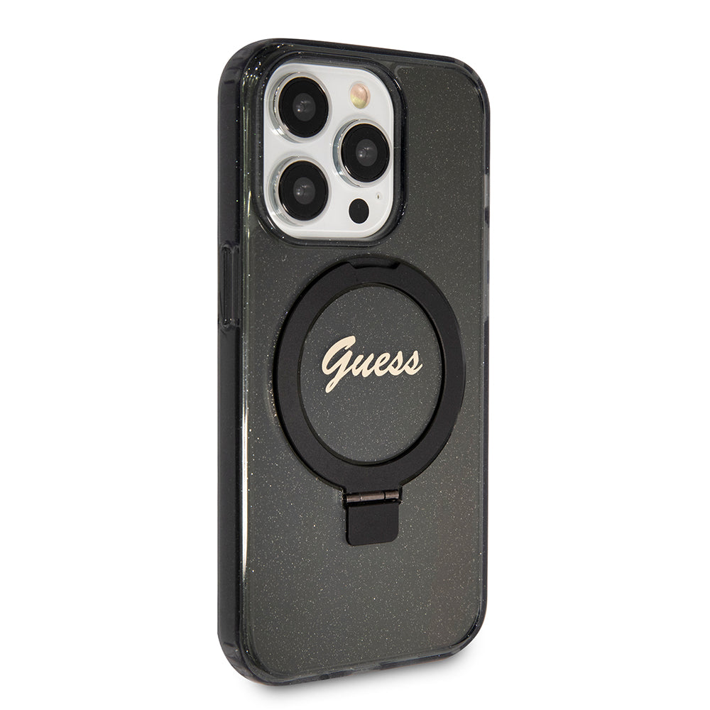Калъф MagSafe за Apple iPhone 15 Pro, Guess, IML Ring Stand Glitter, Черен