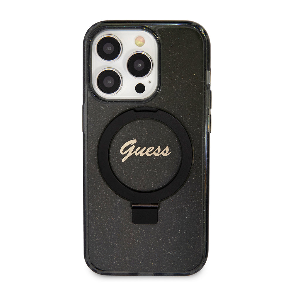 Калъф MagSafe за Apple iPhone 15 Pro, Guess, IML Ring Stand Glitter, Черен