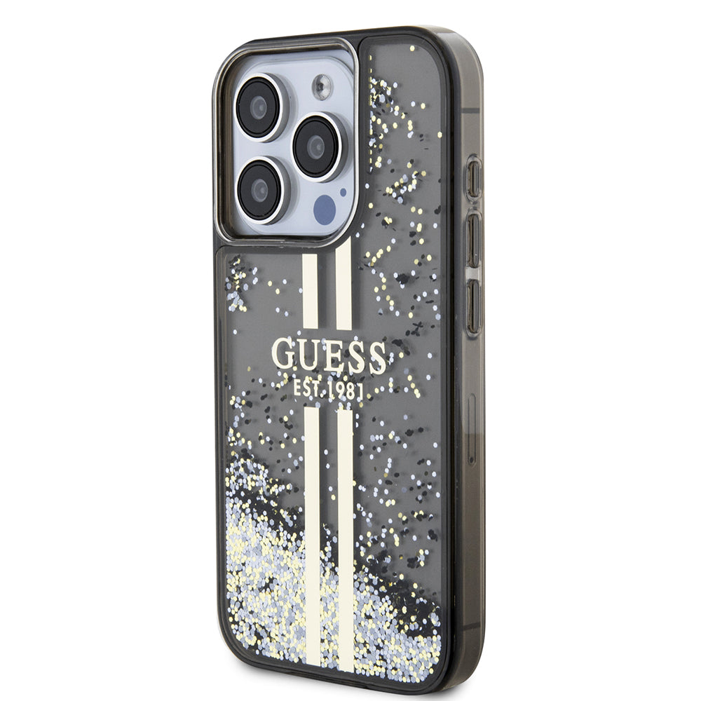 Калъф за Apple iPhone 15 Pro, Guess, Liquid Glitter Gold Stripe, Черен