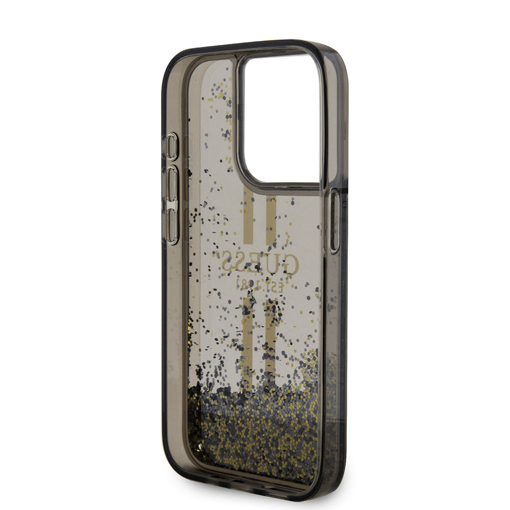 Калъф за Apple iPhone 15 Pro, Guess, Liquid Glitter Gold Stripe, Черен