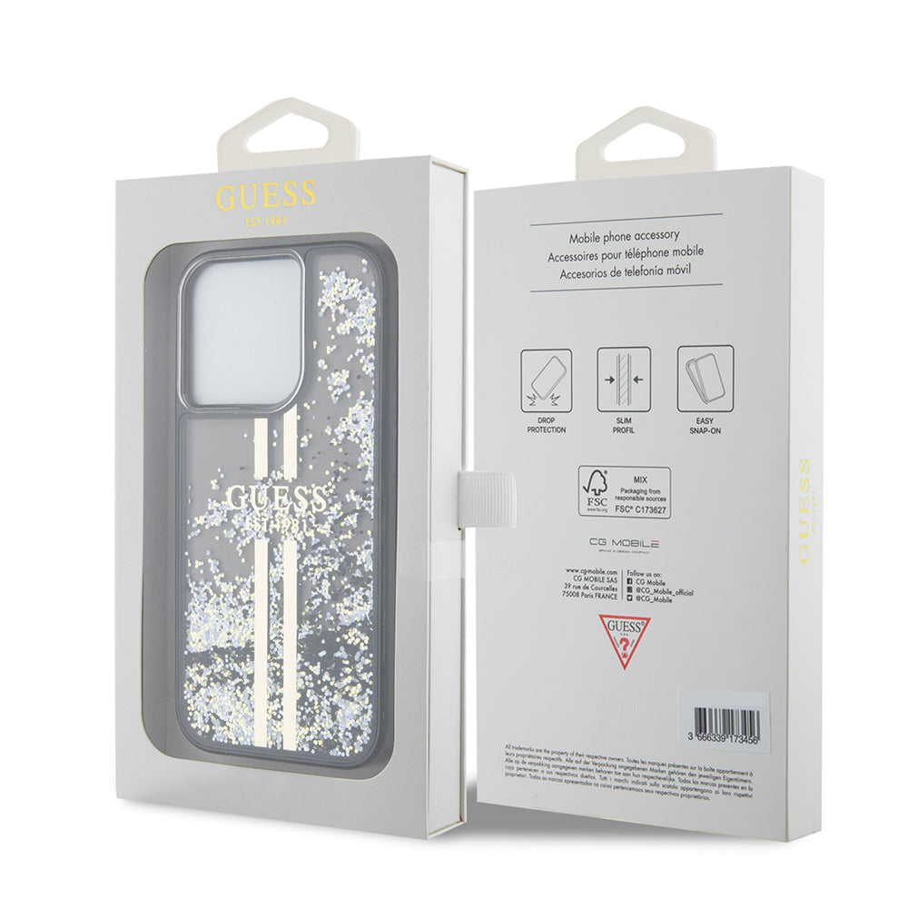 Калъф за Apple iPhone 15 Pro, Guess, Liquid Glitter Gold Stripe, Черен