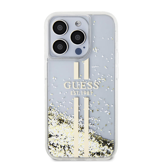 Калъф за Apple iPhone 15 Pro, Guess, Liquid Glitter Gold Stripes, Прозрачен