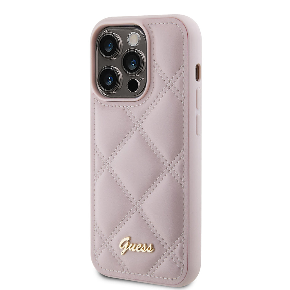 Калъф за Apple iPhone 15 Pro, Guess, Quilted Metal Logo, Розов