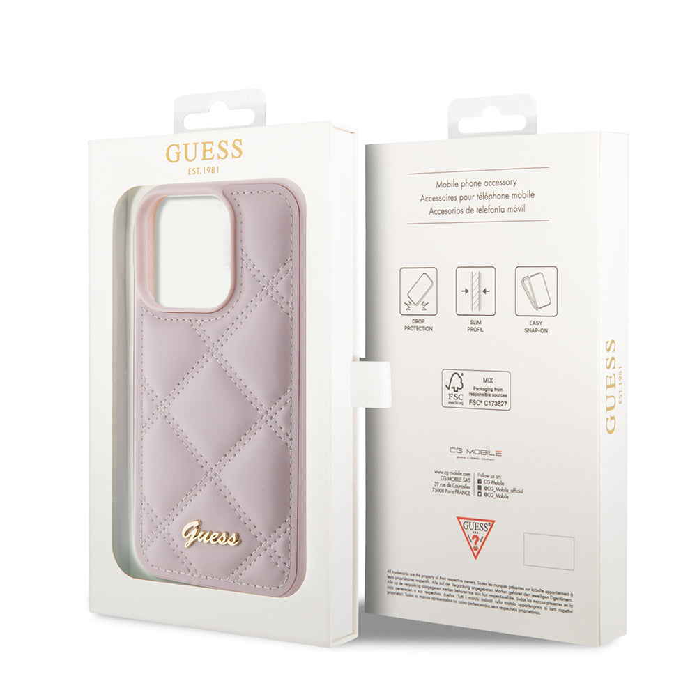 Калъф за Apple iPhone 15 Pro, Guess, Quilted Metal Logo, Розов