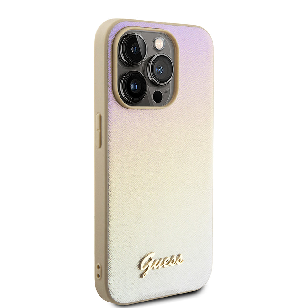 Калъф за Apple iPhone 15 Pro, Guess, Saffiano Iridescent Script, Златист