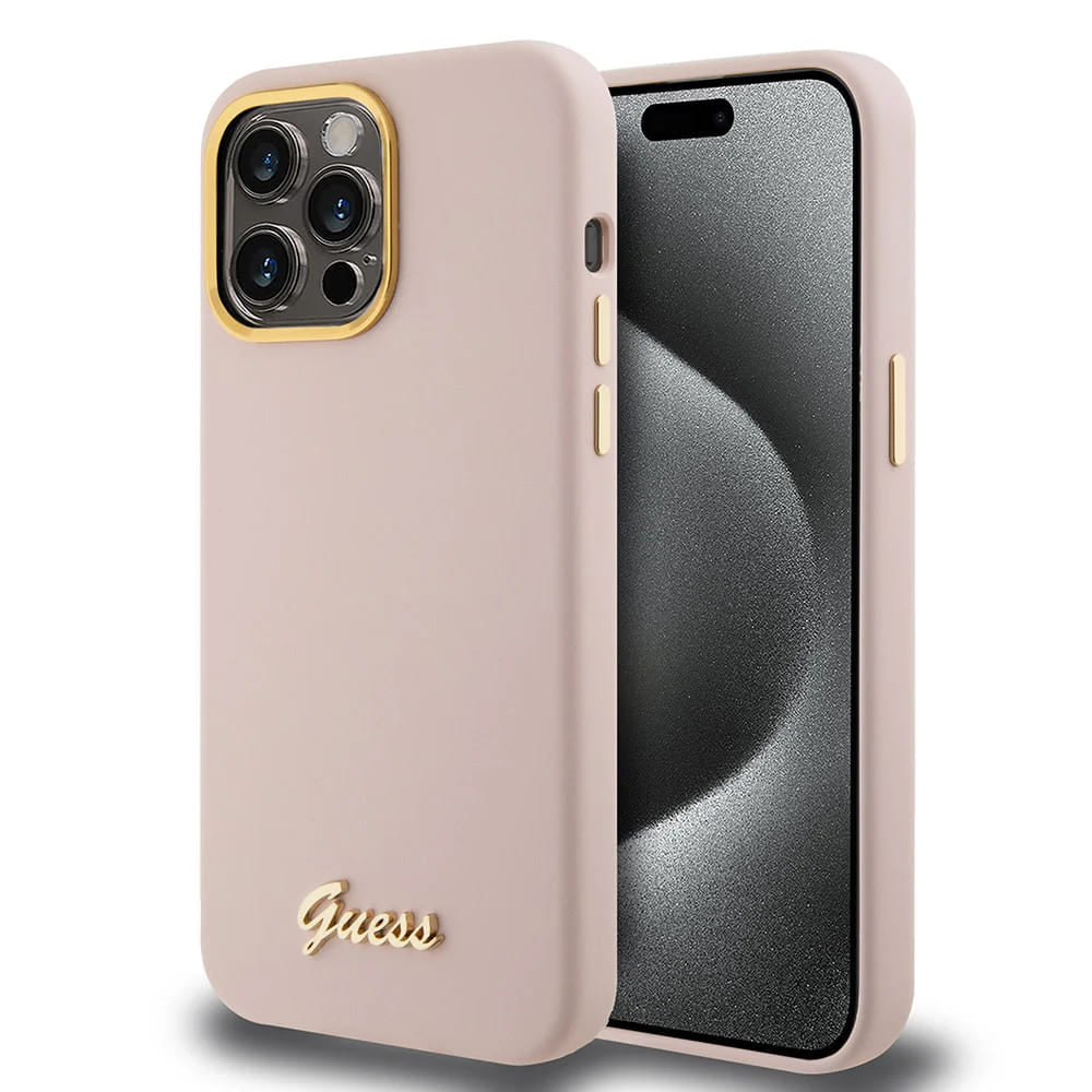 Калъф за Apple iPhone 15 Pro, Guess, Script Metal Logo & Frame, Светлорозов