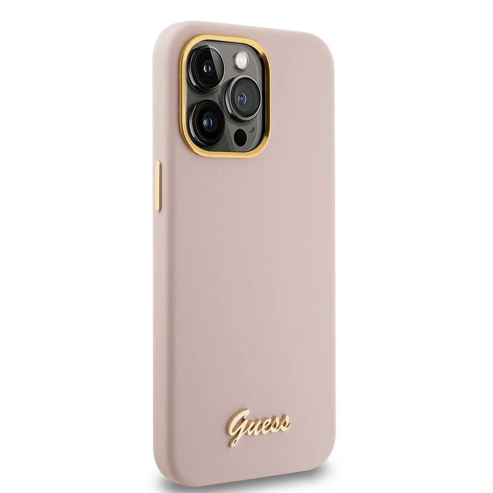Калъф за Apple iPhone 15 Pro, Guess, Script Metal Logo & Frame, Светлорозов