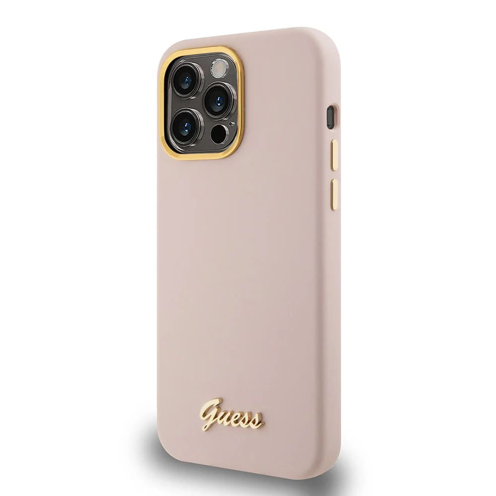 Калъф за Apple iPhone 15 Pro, Guess, Script Metal Logo & Frame, Светлорозов
