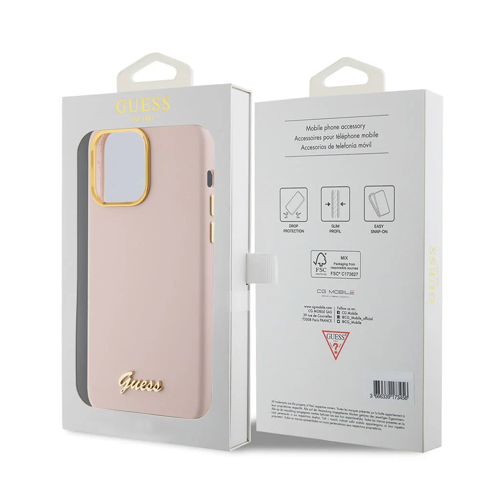 Калъф за Apple iPhone 15 Pro, Guess, Script Metal Logo & Frame, Светлорозов