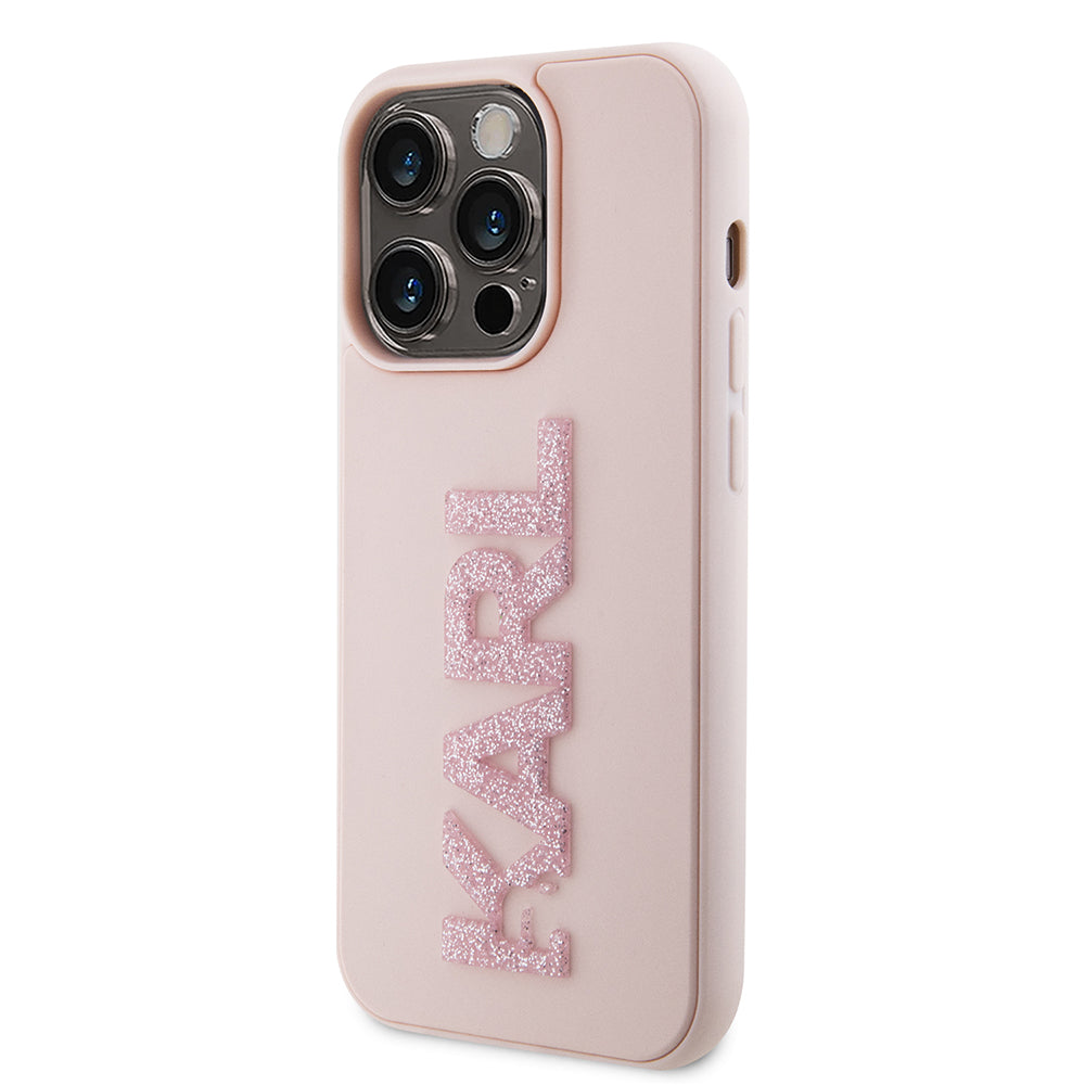 Калъф за Apple iPhone 15 Pro, Karl Lagerfeld, 3D Rubber Glitter Logo Karl, Розов