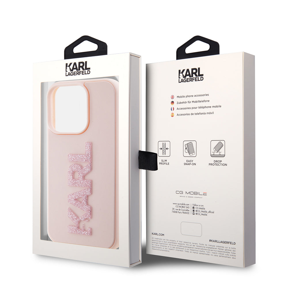 Калъф за Apple iPhone 15 Pro, Karl Lagerfeld, 3D Rubber Glitter Logo Karl, Розов
