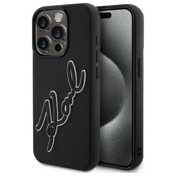 Калъф за Apple iPhone 15 Pro, Karl Lagerfeld, 3D Rubber Signature, Черен