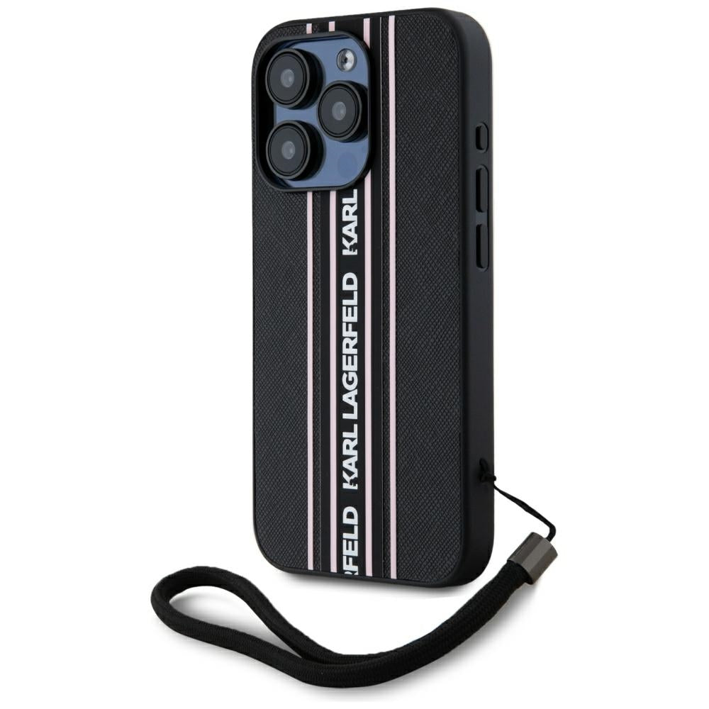 Калъф за Apple iPhone 15 Pro, Karl Lagerfeld, Saffiano Athleisure Stripes with Strap, Розов
