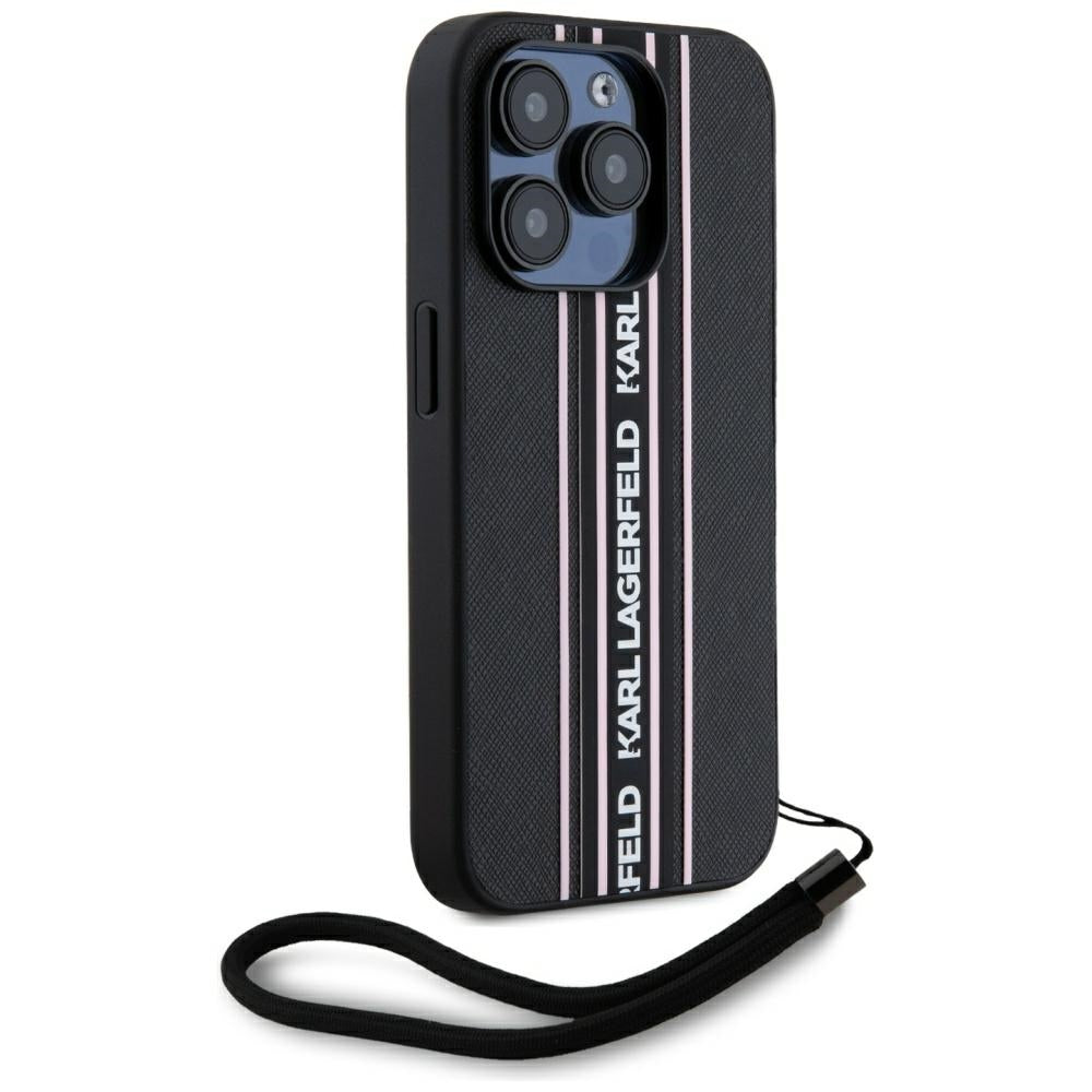 Калъф за Apple iPhone 15 Pro, Karl Lagerfeld, Saffiano Athleisure Stripes with Strap, Розов