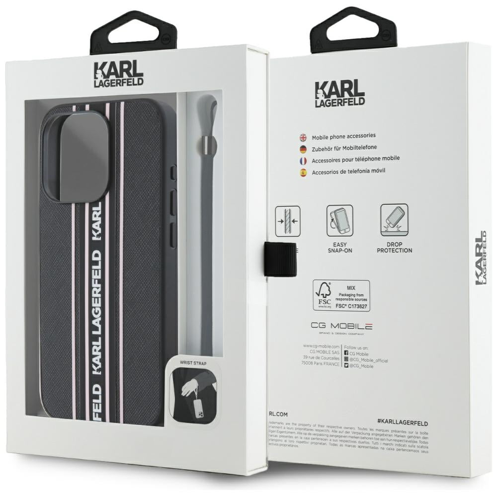 Калъф за Apple iPhone 15 Pro, Karl Lagerfeld, Saffiano Athleisure Stripes with Strap, Розов
