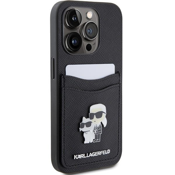 Калъф за Apple iPhone 15 Pro, Karl Lagerfeld, Saffiano Card Slot Metal Karl & Choupette, Черен