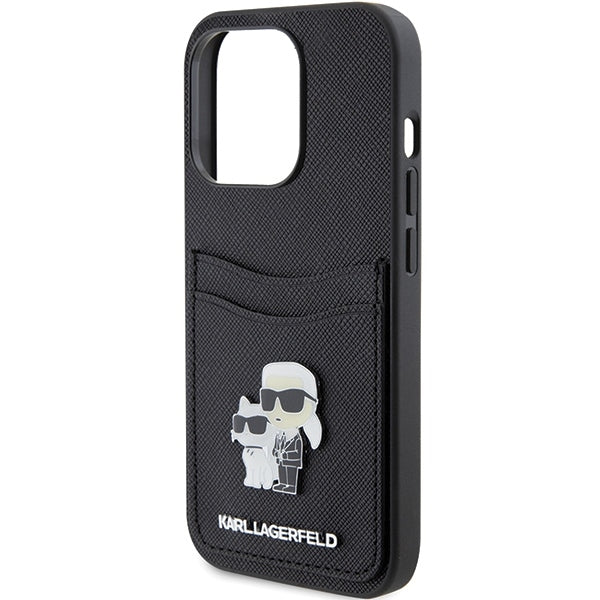 Калъф за Apple iPhone 15 Pro, Karl Lagerfeld, Saffiano Card Slot Metal Karl & Choupette, Черен