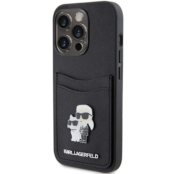 Калъф за Apple iPhone 15 Pro, Karl Lagerfeld, Saffiano Card Slot Metal Karl & Choupette, Черен