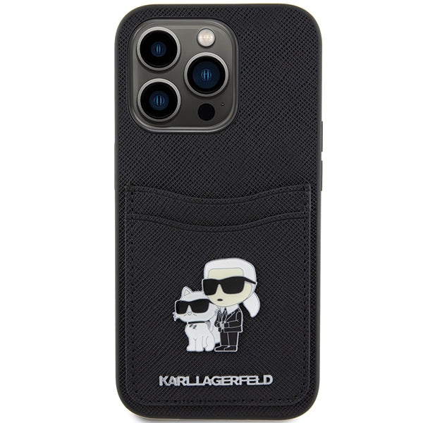 Калъф за Apple iPhone 15 Pro, Karl Lagerfeld, Saffiano Card Slot Metal Karl & Choupette, Черен