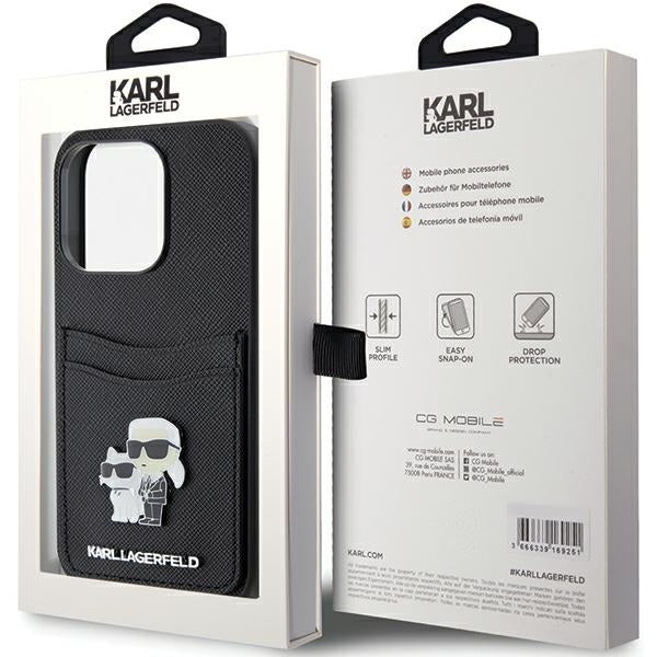 Калъф за Apple iPhone 15 Pro, Karl Lagerfeld, Saffiano Card Slot Metal Karl & Choupette, Черен