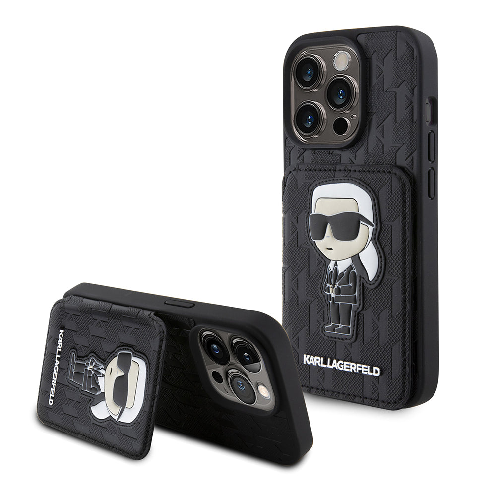 Калъф за Apple iPhone 15 Pro, Karl Lagerfeld, Saffiano Cardslots and Stand Monogram Ikonik Karl, Черен