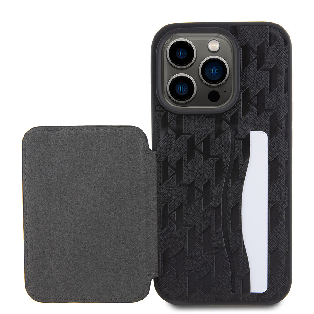 Калъф за Apple iPhone 15 Pro, Karl Lagerfeld, Saffiano Cardslots and Stand Monogram Ikonik Karl, Черен
