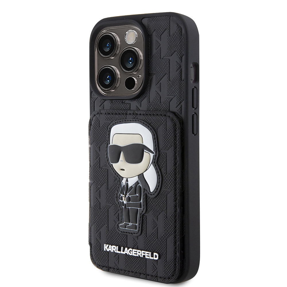 Калъф за Apple iPhone 15 Pro, Karl Lagerfeld, Saffiano Cardslots and Stand Monogram Ikonik Karl, Черен