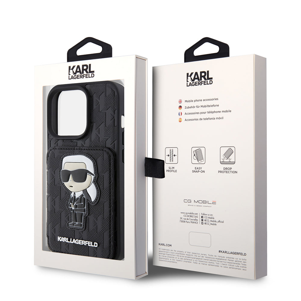 Калъф за Apple iPhone 15 Pro, Karl Lagerfeld, Saffiano Cardslots and Stand Monogram Ikonik Karl, Черен