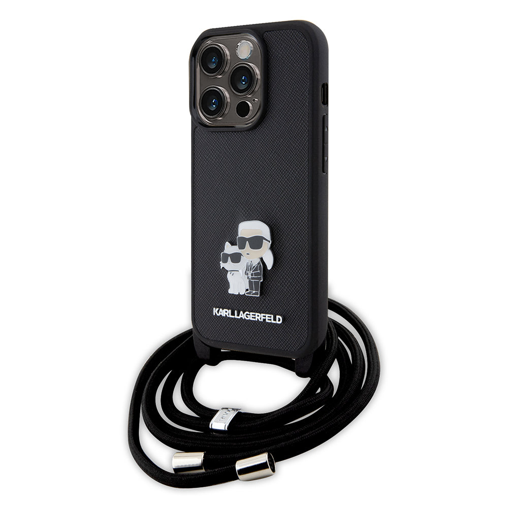Калъф за Apple iPhone 15 Pro, Karl Lagerfeld, Saffiano Crossbody Metal Pin Karl & Choupette, Черен